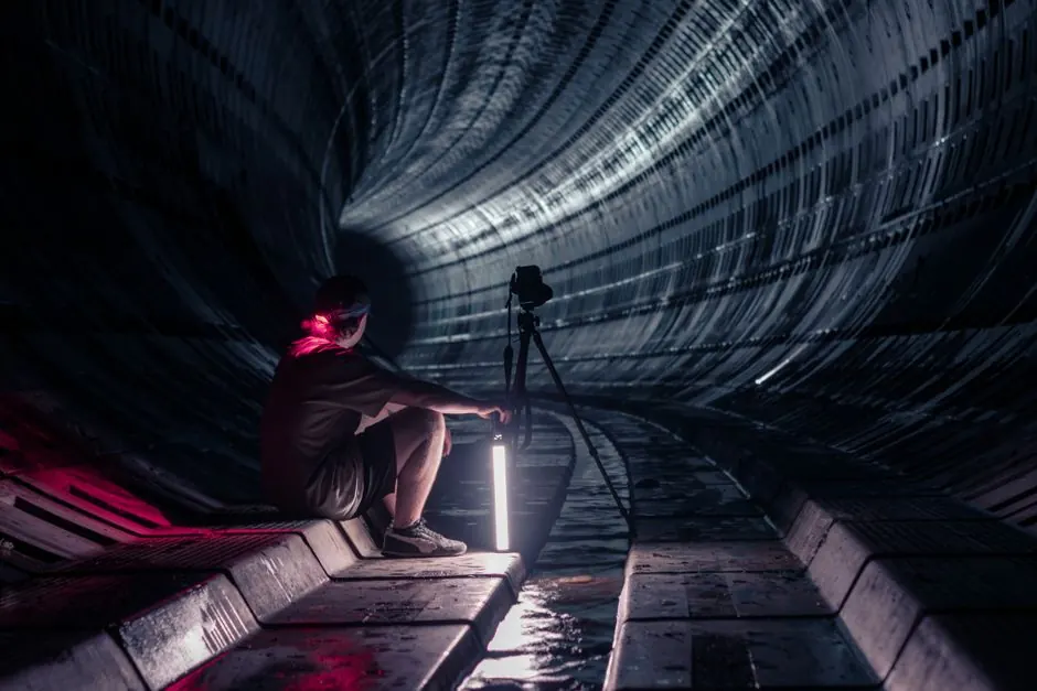 Silhouette of a photographer capturing urban tunnel scene with LED light and tripod.